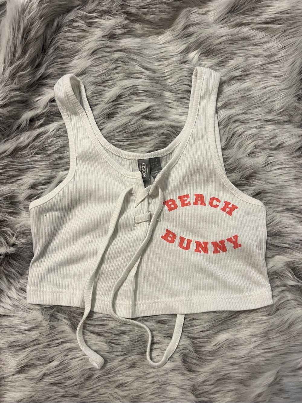 ASOS White Ribbed Lace-Up Crop Top with Red "Beach Bunny" Print